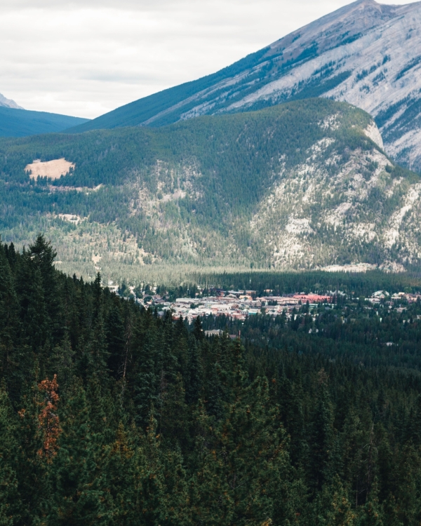 A breathtaking view of Banff, Alberta showcasing lush forests and majestic mountains.