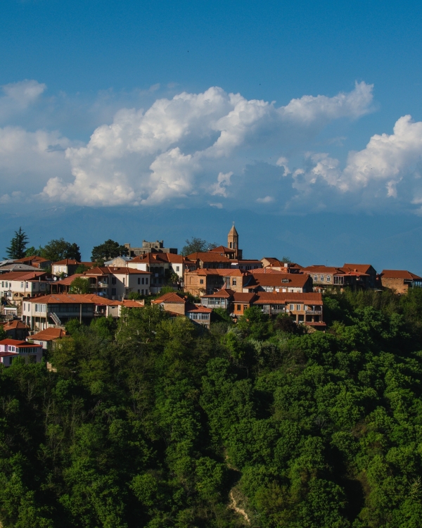 Beautiful panoramic view of Sighnaghi, a charming town in the lush Kakheti region of Georgia.
